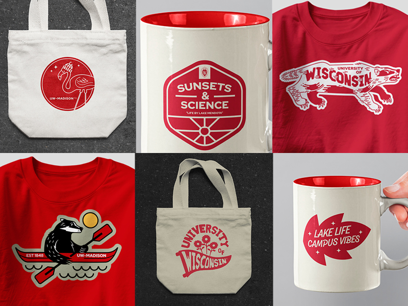 Six UW–Madison branded items including canvas tote bags, T-shirts featuring illustrated badgers, and mugs with “Lake Life Campus Vibes” and “Sunsets & Science.