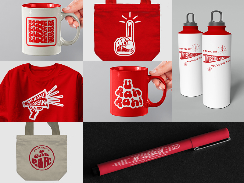Seven UW–Madison branded items including a t-shirt, mugs, a canvas tote bag with spirited text, two Wisconsin water bottles, and a “Go Badgers” pen.