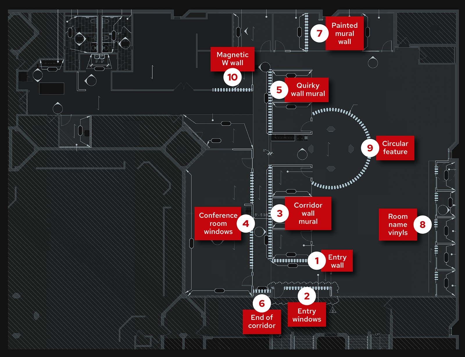Architectural schematic of the Bookstore office space