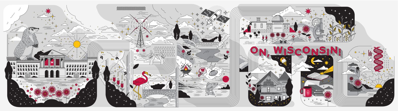 Large-scale illustrated mural in black, white, gray, red, and yellow featuring UW–Madison icons: a badger, Bascom Hall, radio tower, football helmet, bratwursts on a grill, a fish, a satellite, microscope, corn, DNA, a book, a lake, and flowers.