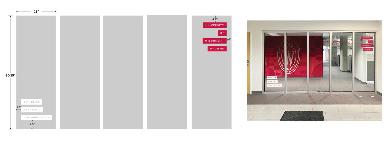 A schematic of the entry windows to an office suite showing measurements with a photographic mockup of those windows.