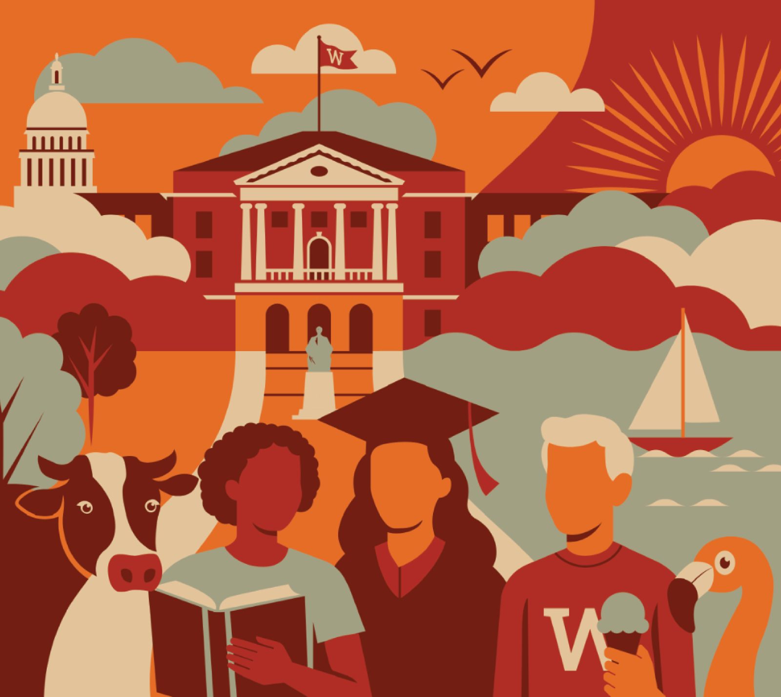 Painted mural design of Bascom Hall, the Wisconsin Capitol building, a cow, three students, an ice cream cone, a sail boat, and a flamingo.