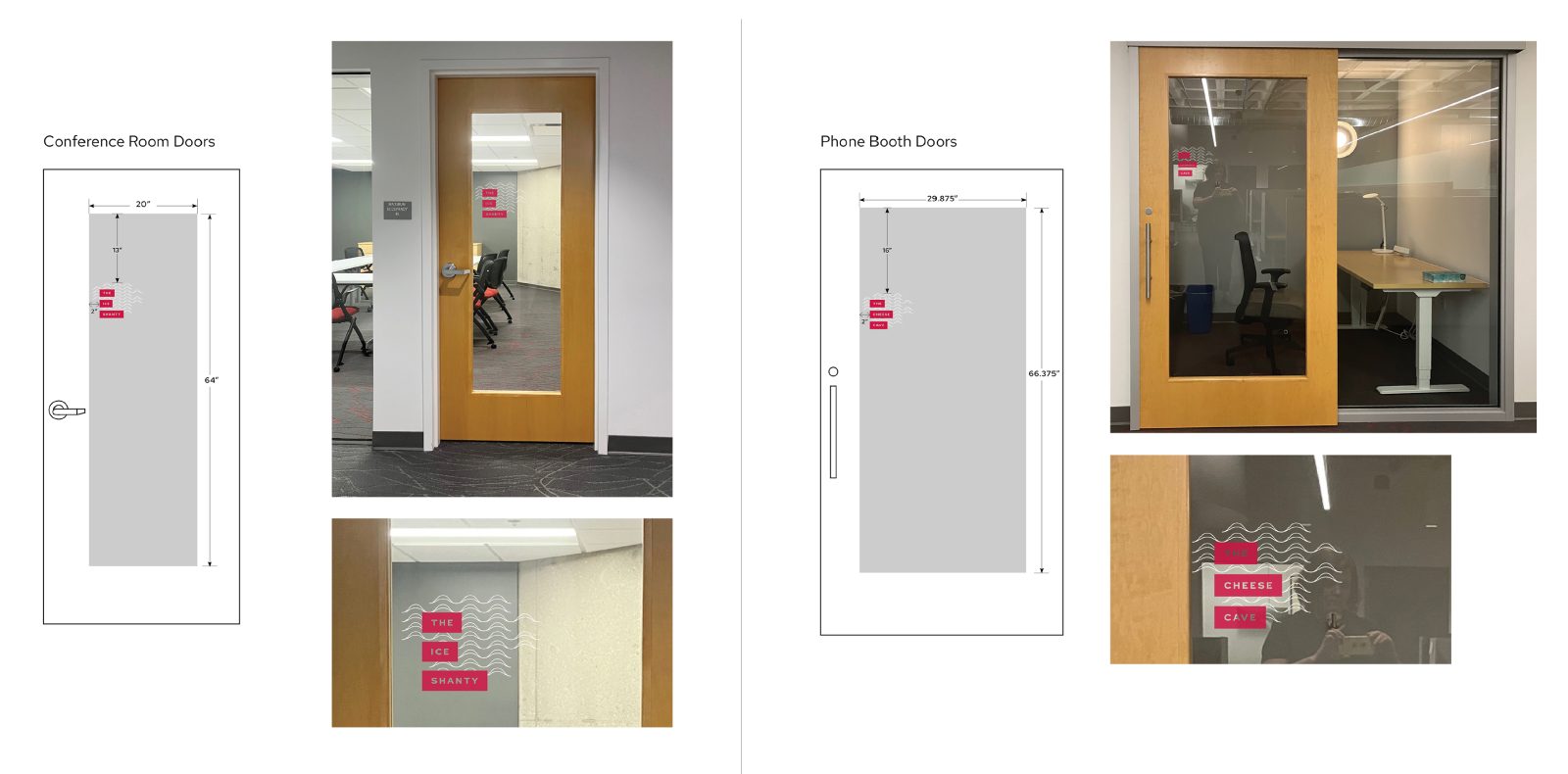 Two diagrams of doors with designed vinyl room names on the windows of the doors.