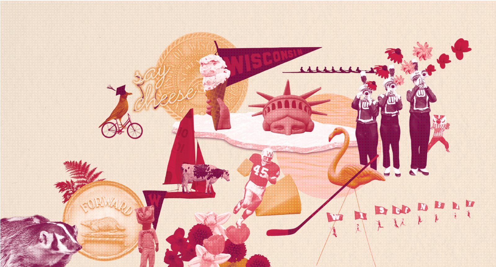 Photo illustrative mural featuring iconic UW–Madison imagery: graduation cap, bicycle, Lady Liberty holding an ice cream cone, a sailboat with a cow on it, a yard flamingo with a hockey stick, band members blowing flowers out of their trumpets, a badger, and a football player running with a block of cheese