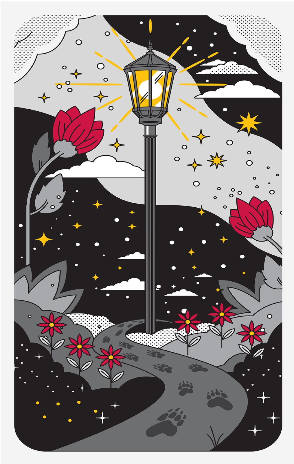 A black, gray, red, and yellow illustration of a street lamp in a dark sky with a path beneath marked with badger paw prints.