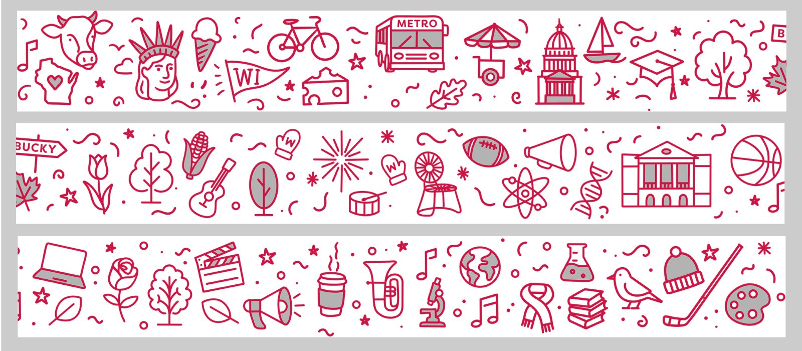Red and gray doodles of UW–Madison icons: a cow, the state of Wisconsin, Lady Liberty, cheese wedge, a bus, food cart, sail boat, etc.