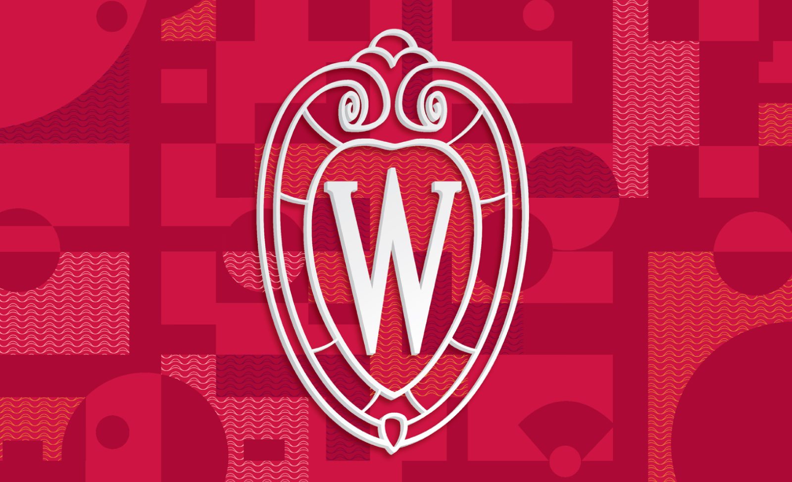 A red design with the UW–Madison crest logo on top of a wavy patterned background