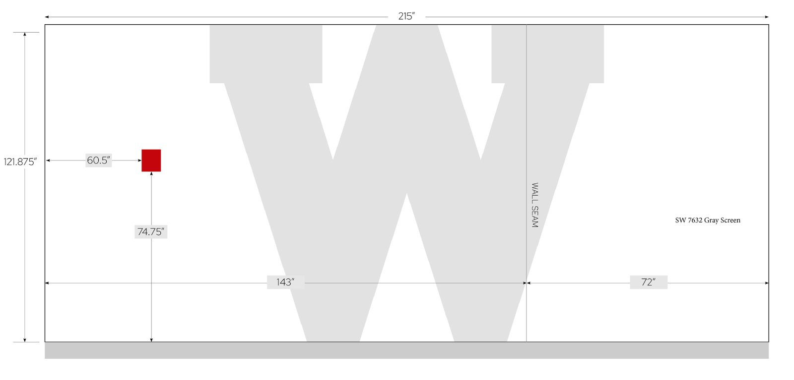 A large wall diagram showing measurements and a large gray "W".