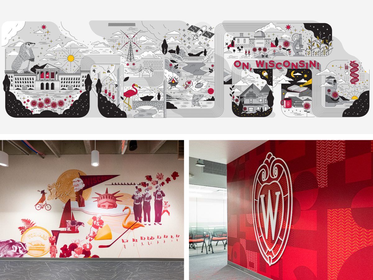 A composite of three images: a large gray, black, white, and red mural showing UW–Madison icons, a red wall in an office with the UW crest logo, and a photo illustration on a wall depicting UW–Madison iconic imagery