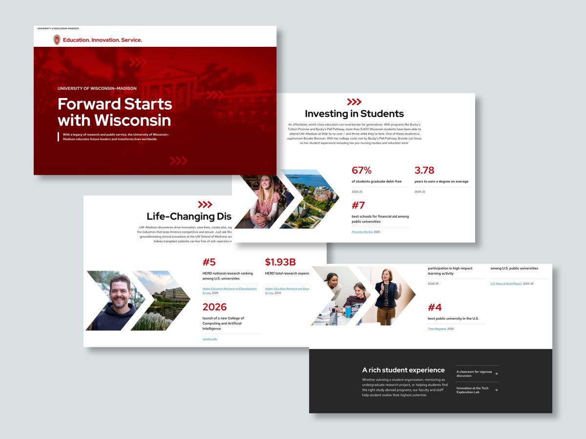 Screenshots of a website showing photos of people and buildings within an arrow motif
