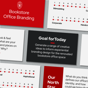 A visual representation of a slide deck for the Bookstore office branding brainstorm. 