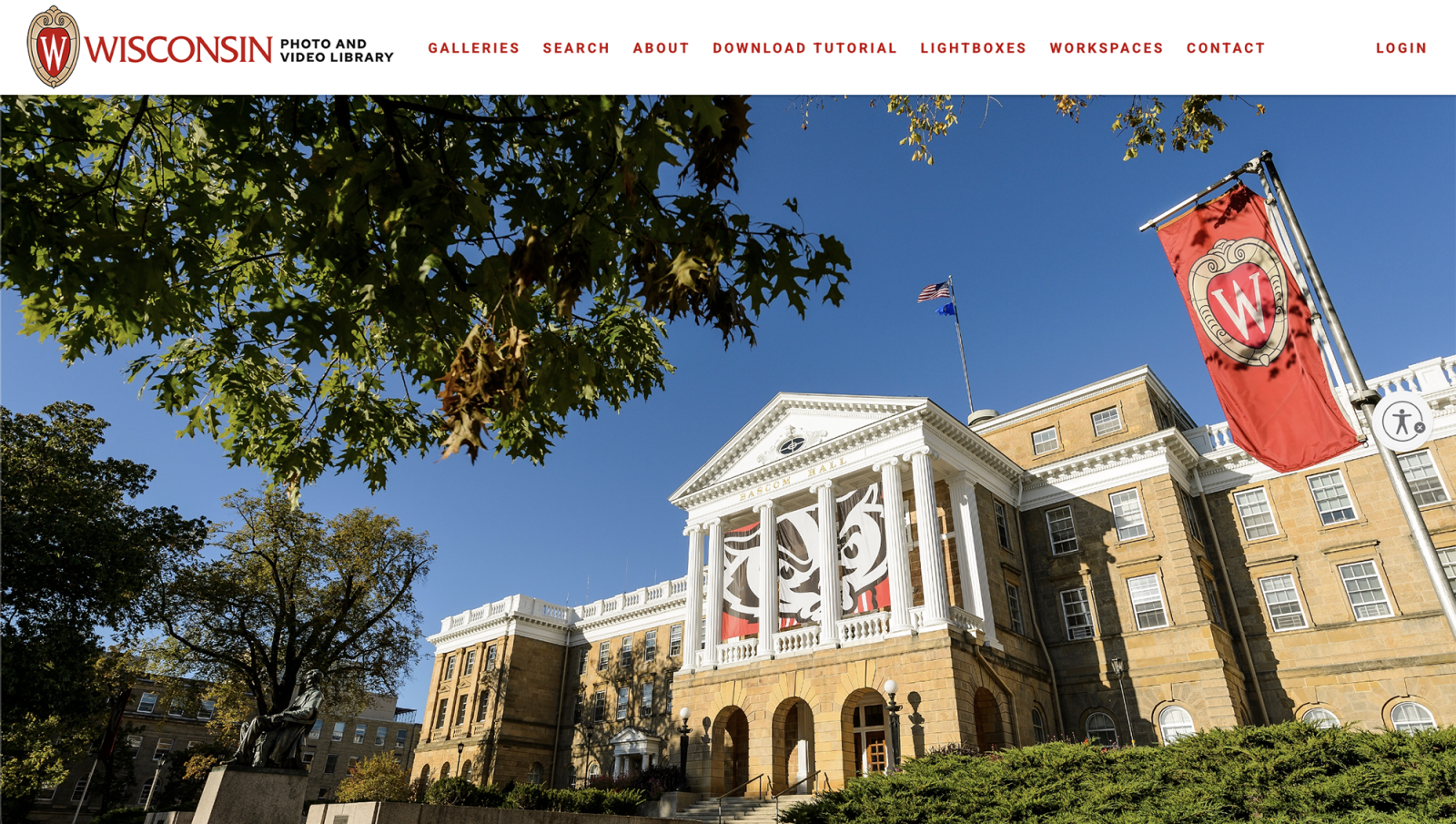 The homepage of PhotoShelter, the Office of Strategic Communication's photo and video library, depicting a photo of Bascom Hall.