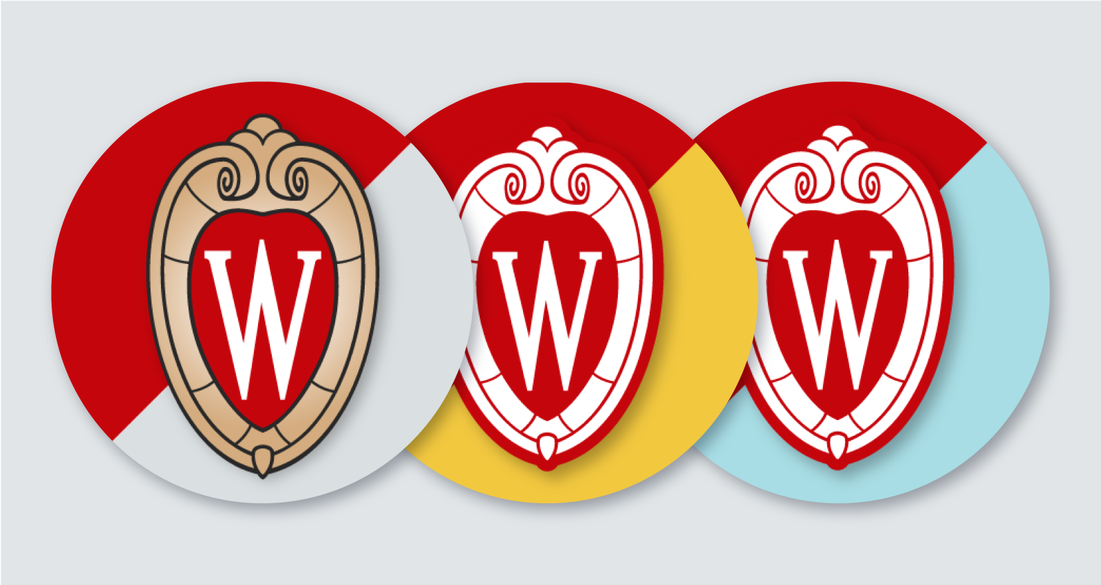 Three circular social avatars featuring the full color and red outline UW crest atop different bicolor backgrounds.