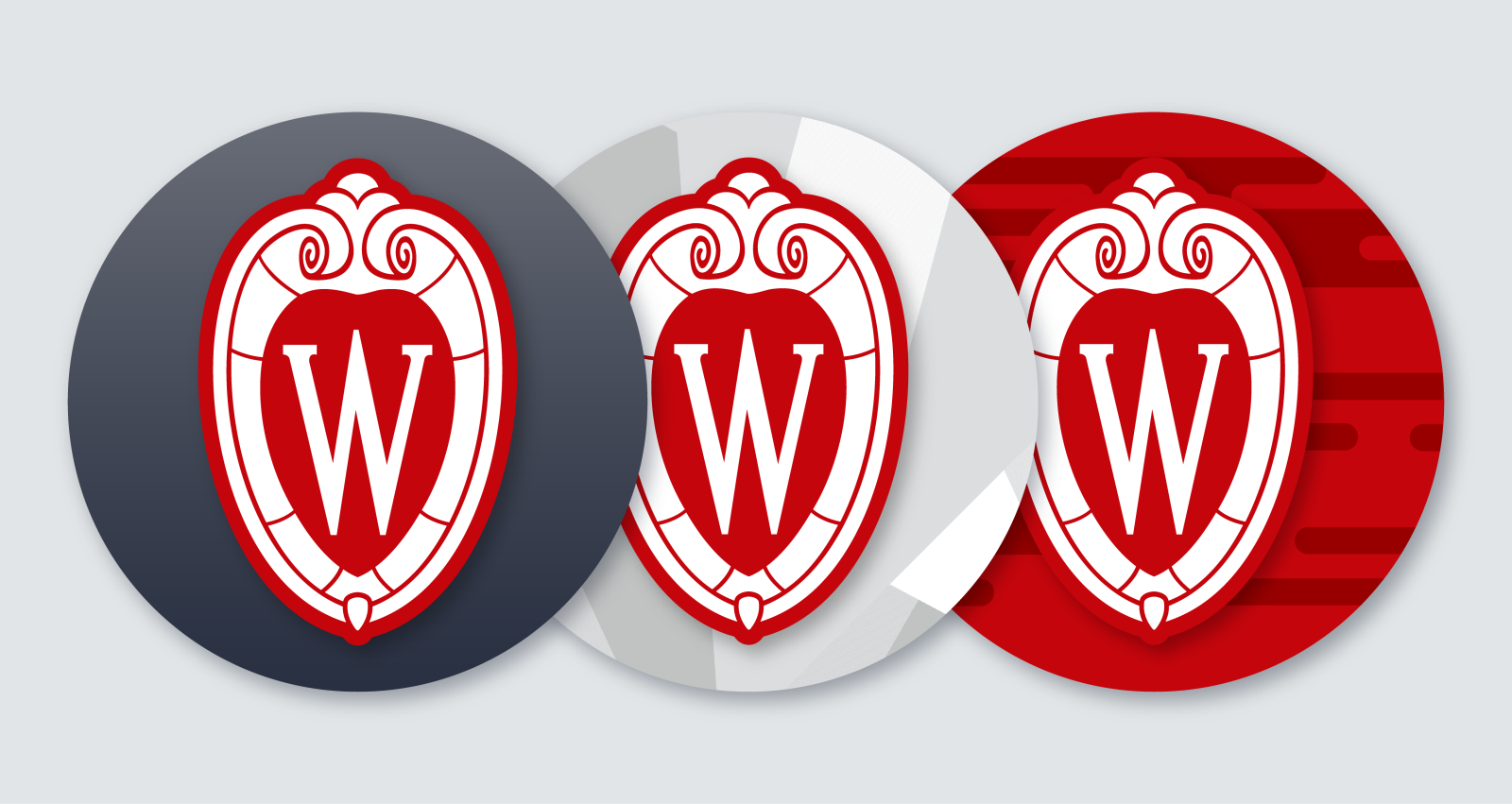 Three circular social avatars featuring the red outline UW crest atop different bicolor backgrounds.