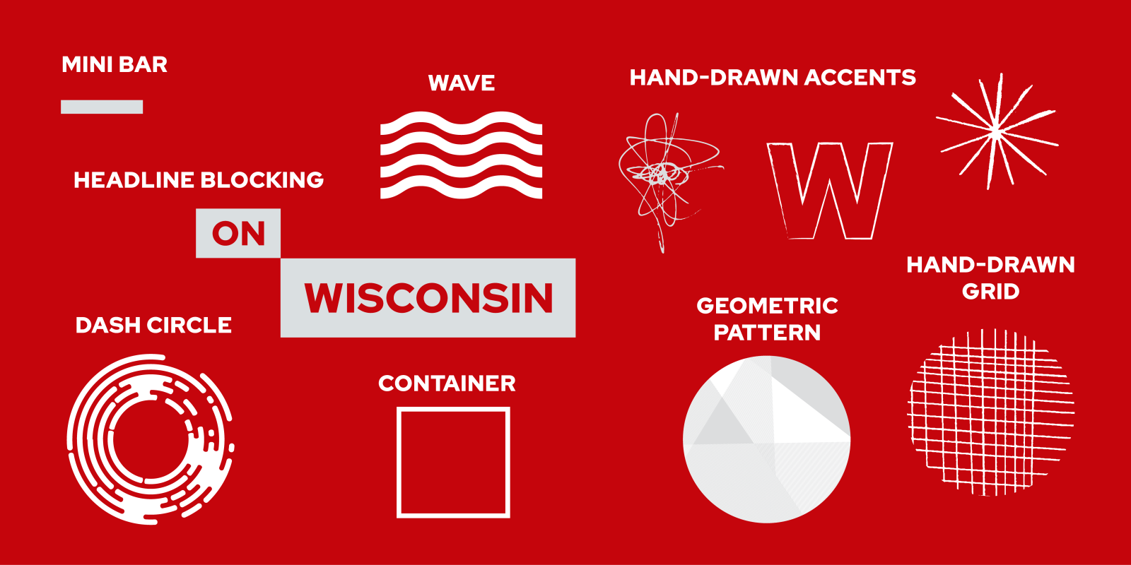Collection of UW–Madison brand graphic elements on a red background.