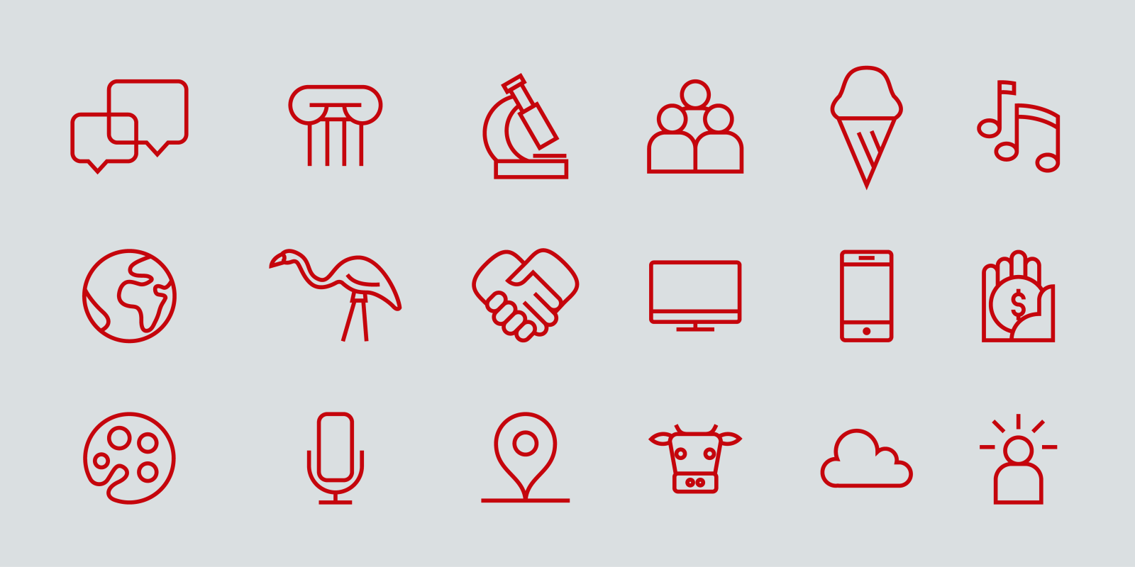 Collection of UW–Madison red icons on a light gray background.