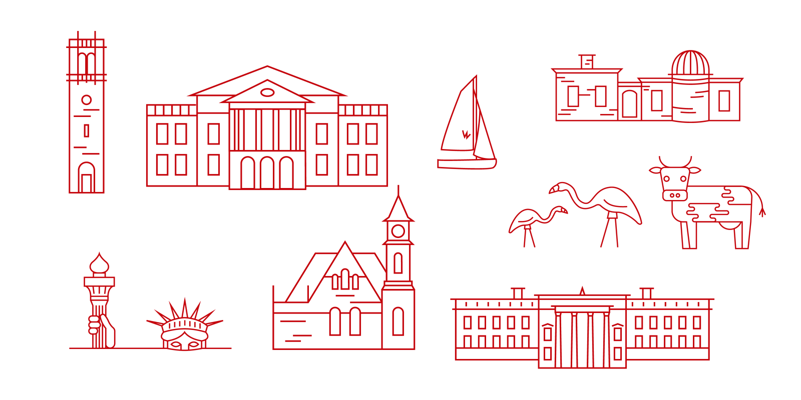Red line illustrations of UW–Madison campus buildings and landmarks on a white background.