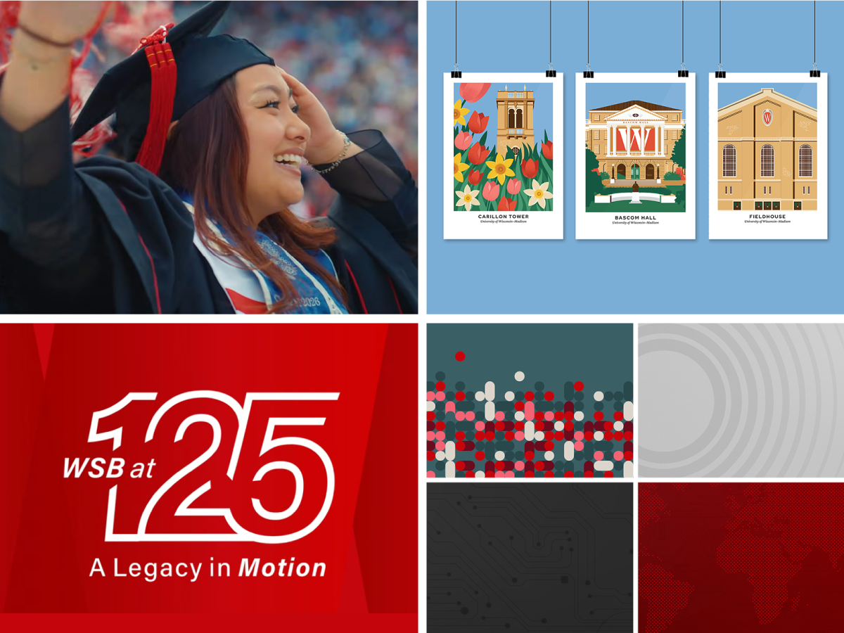 Four images: A person in graduation attire, smiling, a set of three building posters from the UW–Madison campus, the logo for the Wisconsin School of Business's 125th anniversary campaign, and a series of graphic backgrounds.