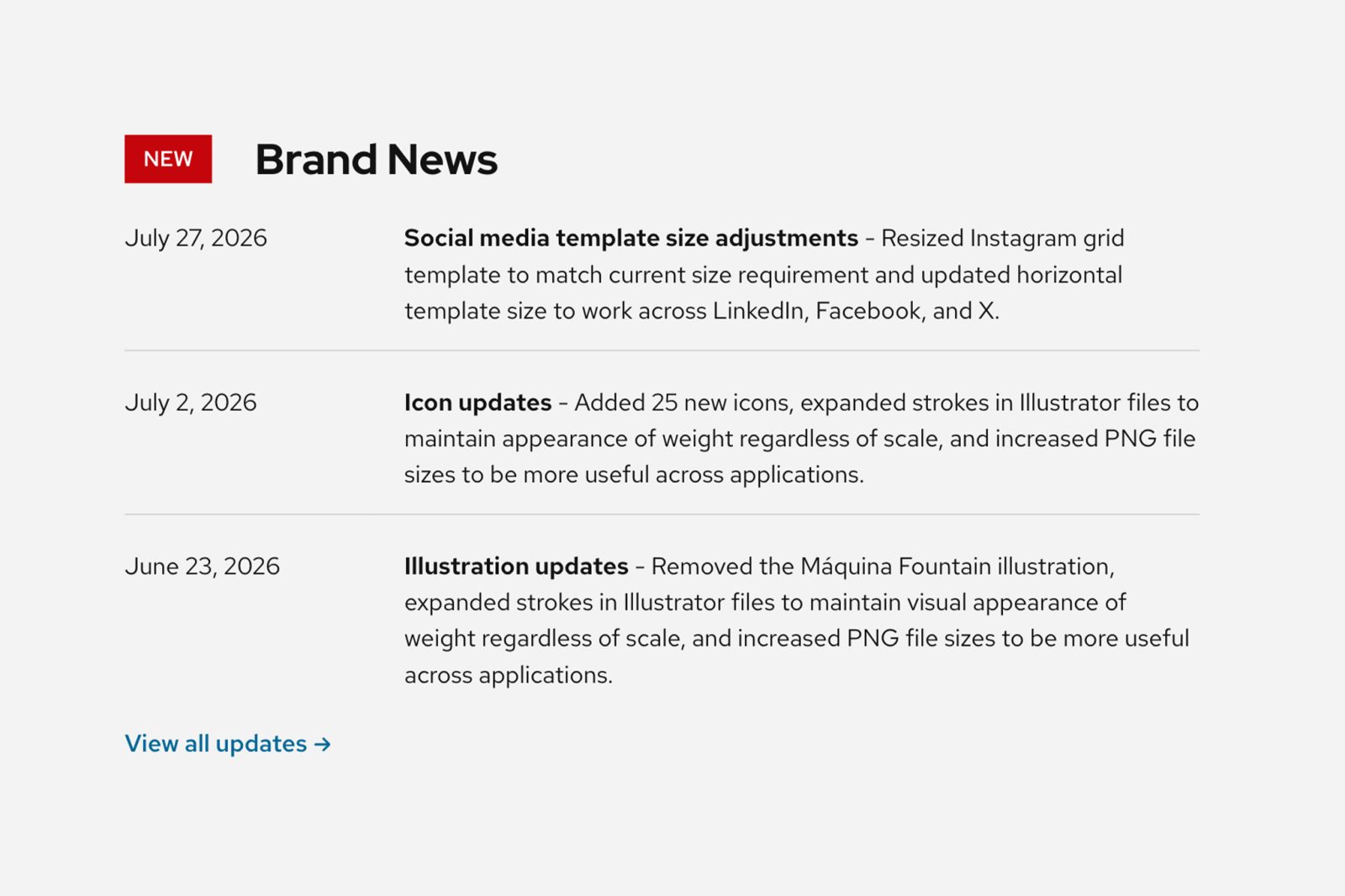 Screenshot of "Brands News," a list of website updates alongside dates.