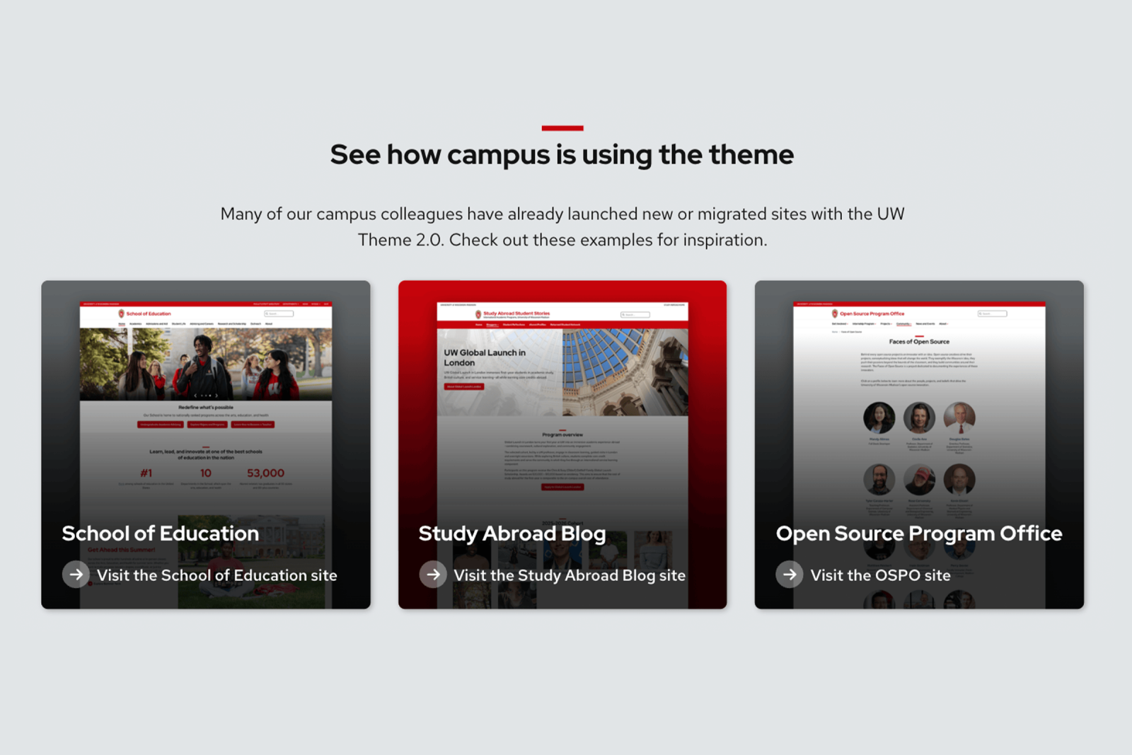 Screenshot highlighting several campus websites that are using the UW Theme 2.0. 