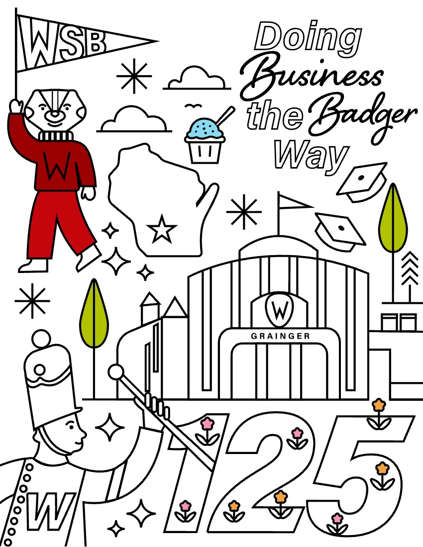 Wisconsin School of Business coloring page with illustrations of Bucky Badger, Grainger Hall, and a marching band member