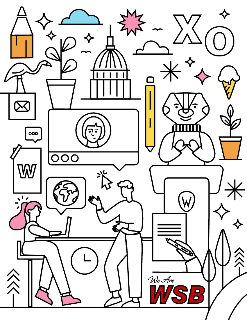 Coloring page with illustrations of a pencil, Bucky Badger, two people talking at a table, and a video call