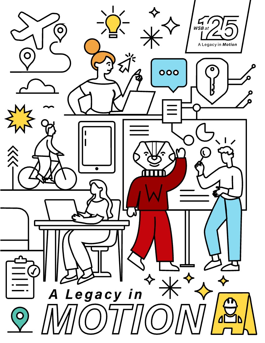 Coloring page with Bucky Badger, a person sitting at a desk on a laptop, an airplane