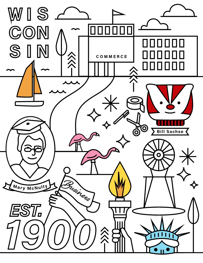 Coloring page with a building, an illustration of Mary McNulty, two pink flamingos, and a chair