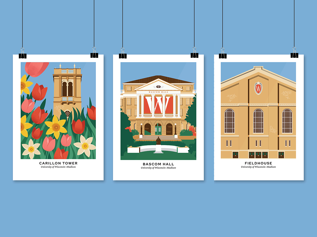 A mockup of three hanging posters with illustrations of buildings from the UW–Madison campus.