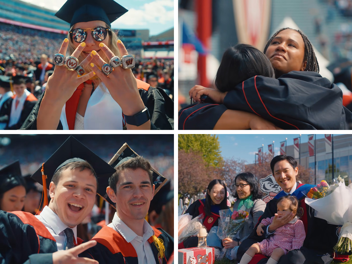 Four photos of people at commencement: a person smiling while showing off championship rings; a person hugging another; two people in graduation attire smiling; and a family sitting on a lawn