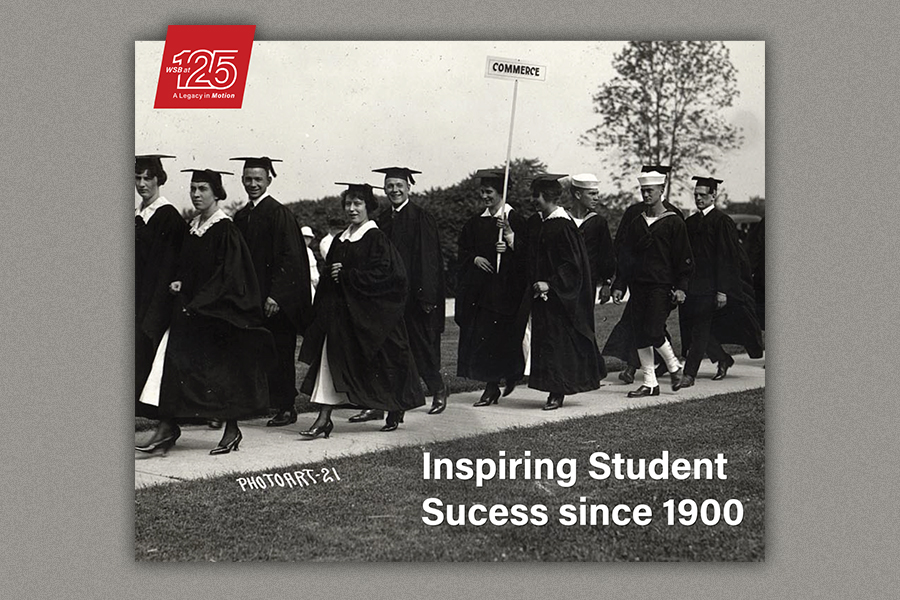 Archival photo of students in graduation attire. One is carrying a sign that reads "Commerce". The Wisconsin School of Business 125th anniversary logo appears in the upper left corner and text that reads "Inspiring Student Success since 1900" appears in the lower right corner.