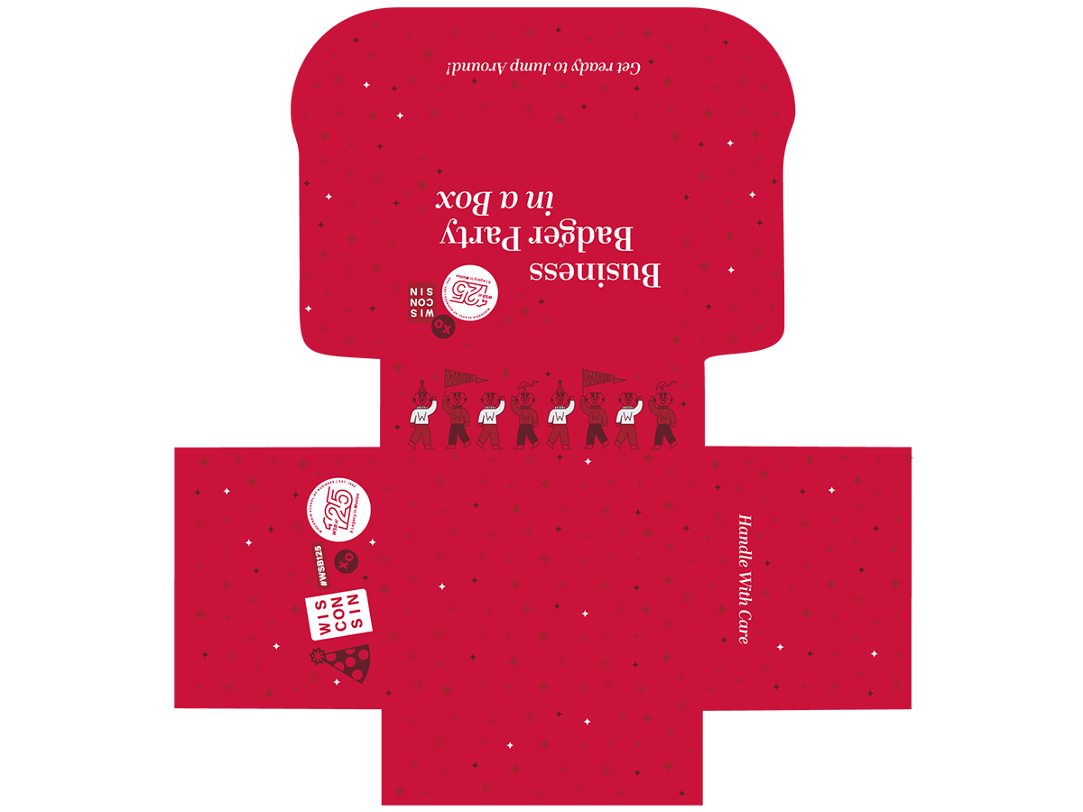 Mockup of a flat red box before constructed with Bucky Badger mascot illustrations and text that reads "Business Badger Party in a Box. Get ready to Jump Around!"