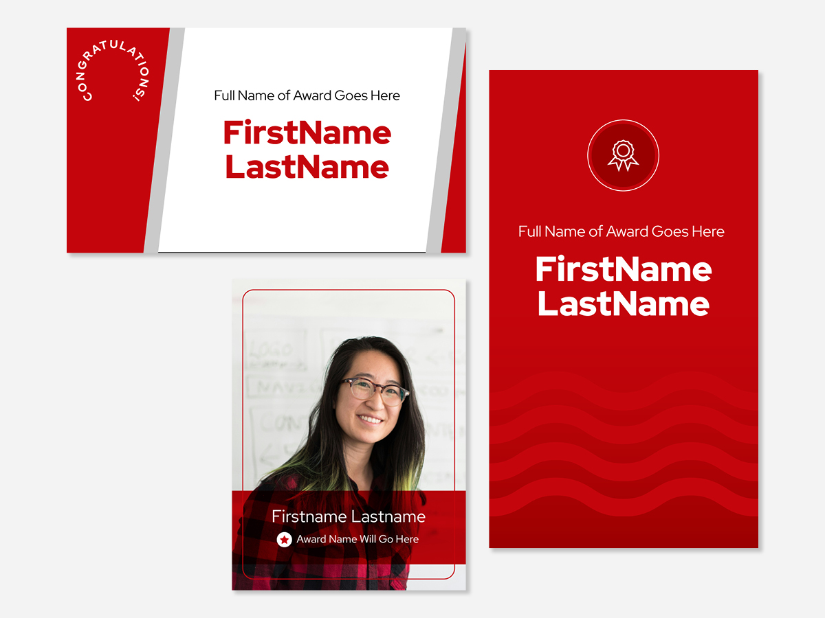 Collection of three social media template images with placeholder copy for award-related social posts