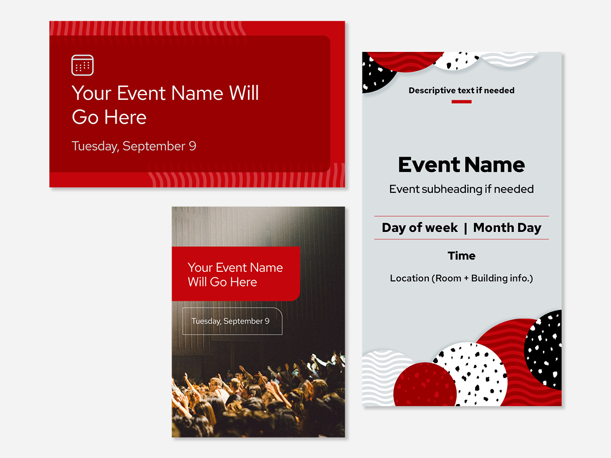 Collection of three social media template images with placeholder copy for event-related social posts