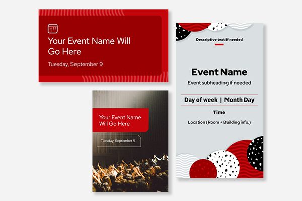 Collection of three social media template images with placeholder copy for event-related social posts