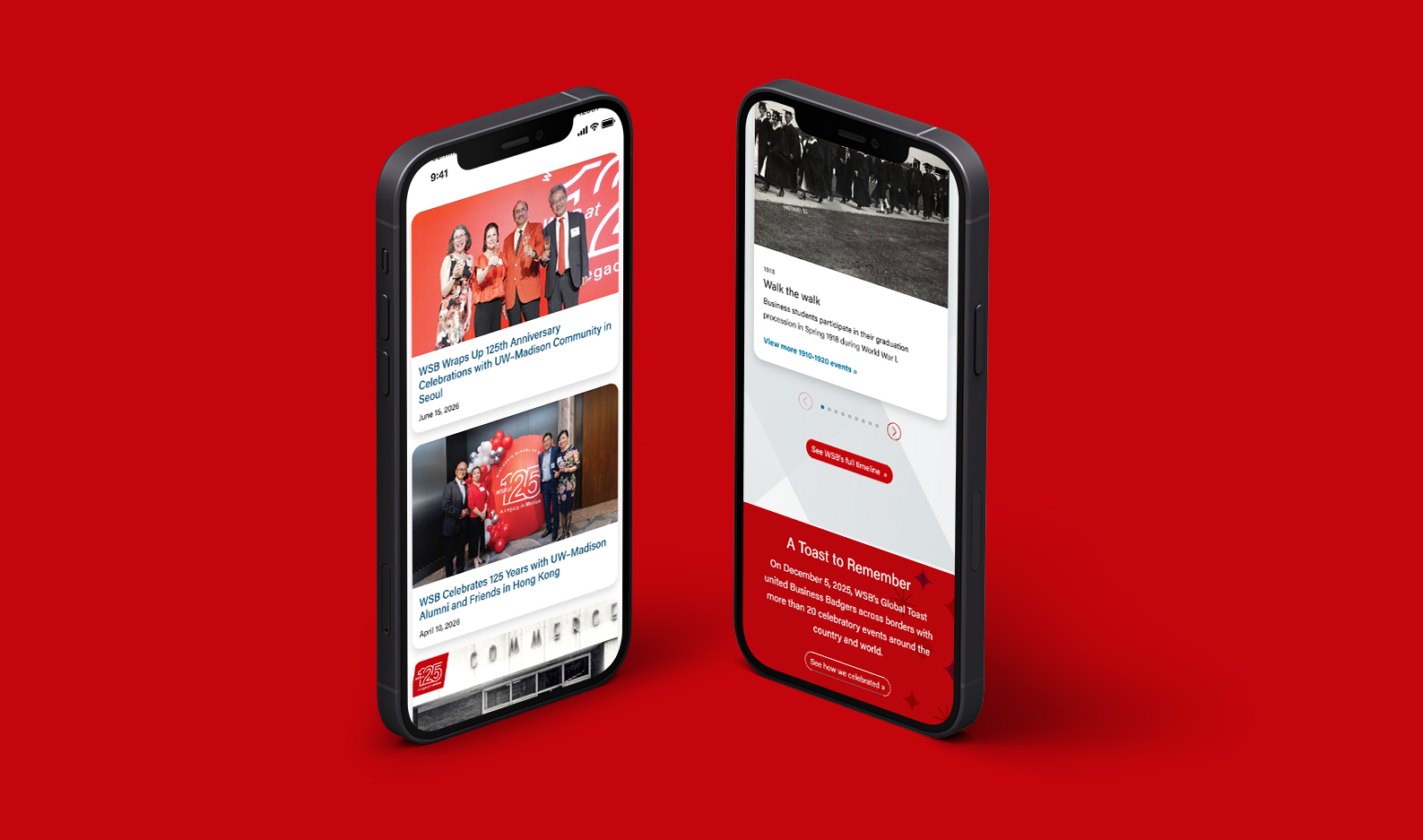 Two upright cell phones with the Wisconsin School of Business website on the screens