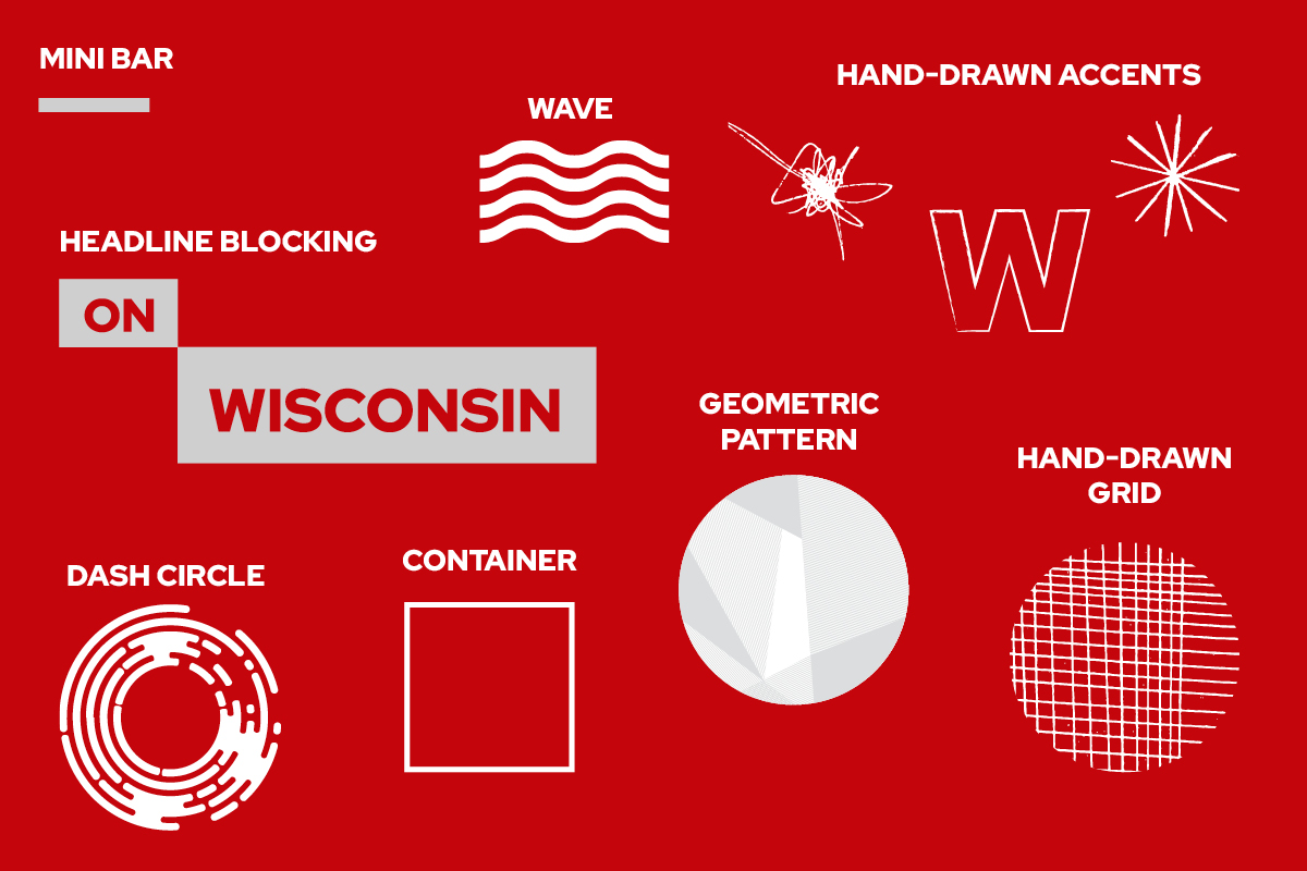 Various examples of brand graphic elements on a red background