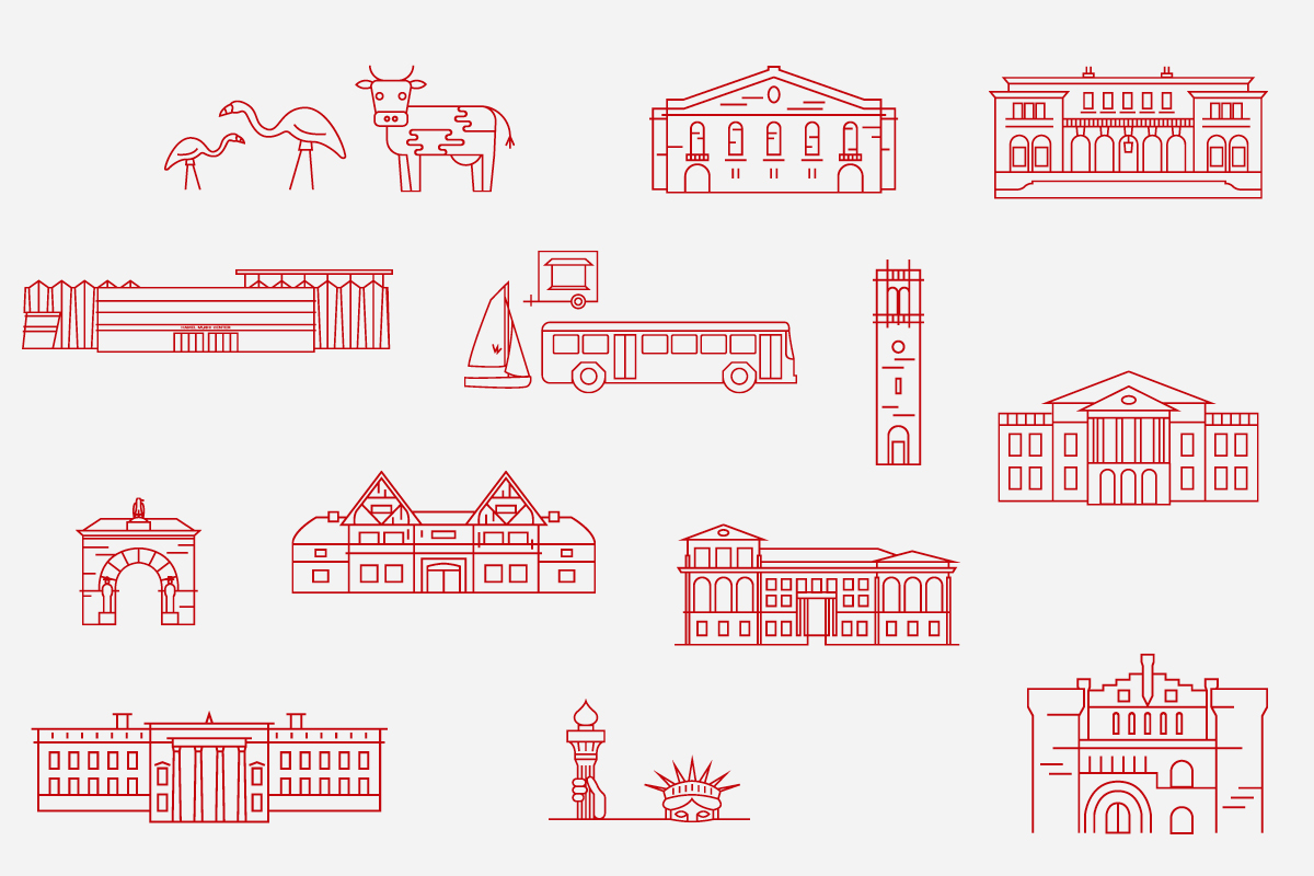 Red line illustrations of UW–Madison buildings and iconic imagery
