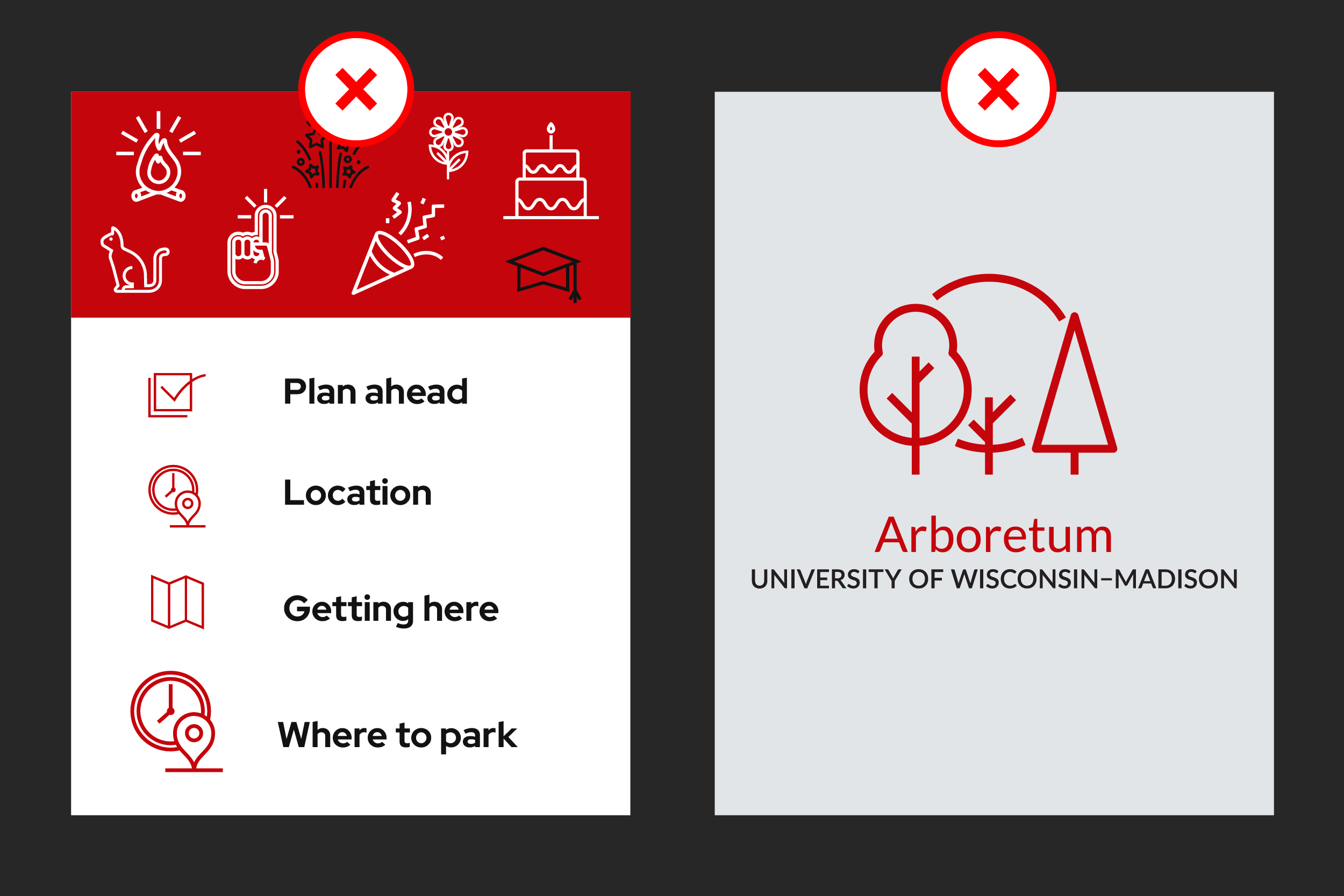Two examples of how not to use icons. Left example show many icons at the top of the materials as decorative use followed by duplicated icons of different sizes. Right example shows an icon used as a logo