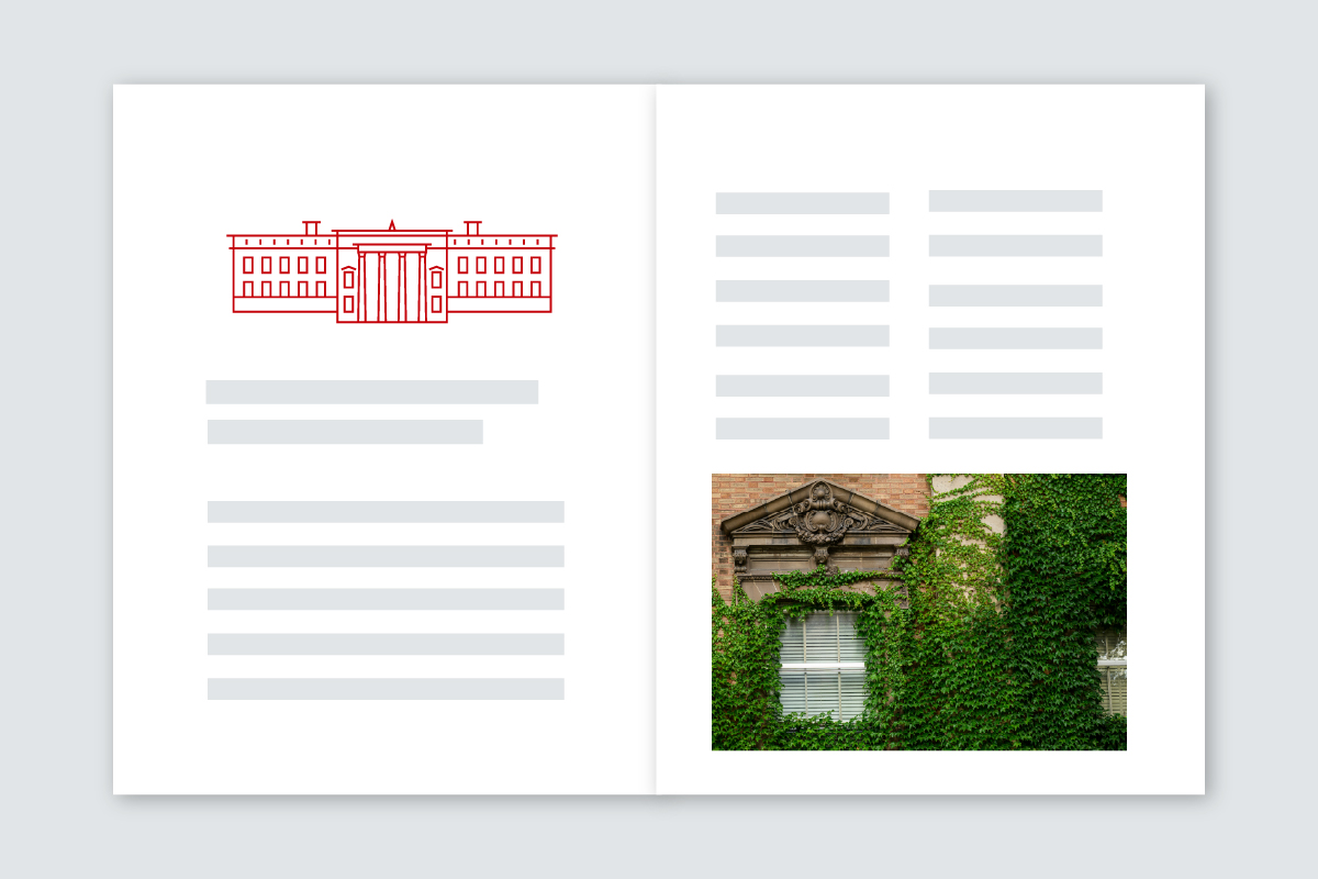 Two page spread with illustration of a building on left page and a photo of a window and ivy on the right page