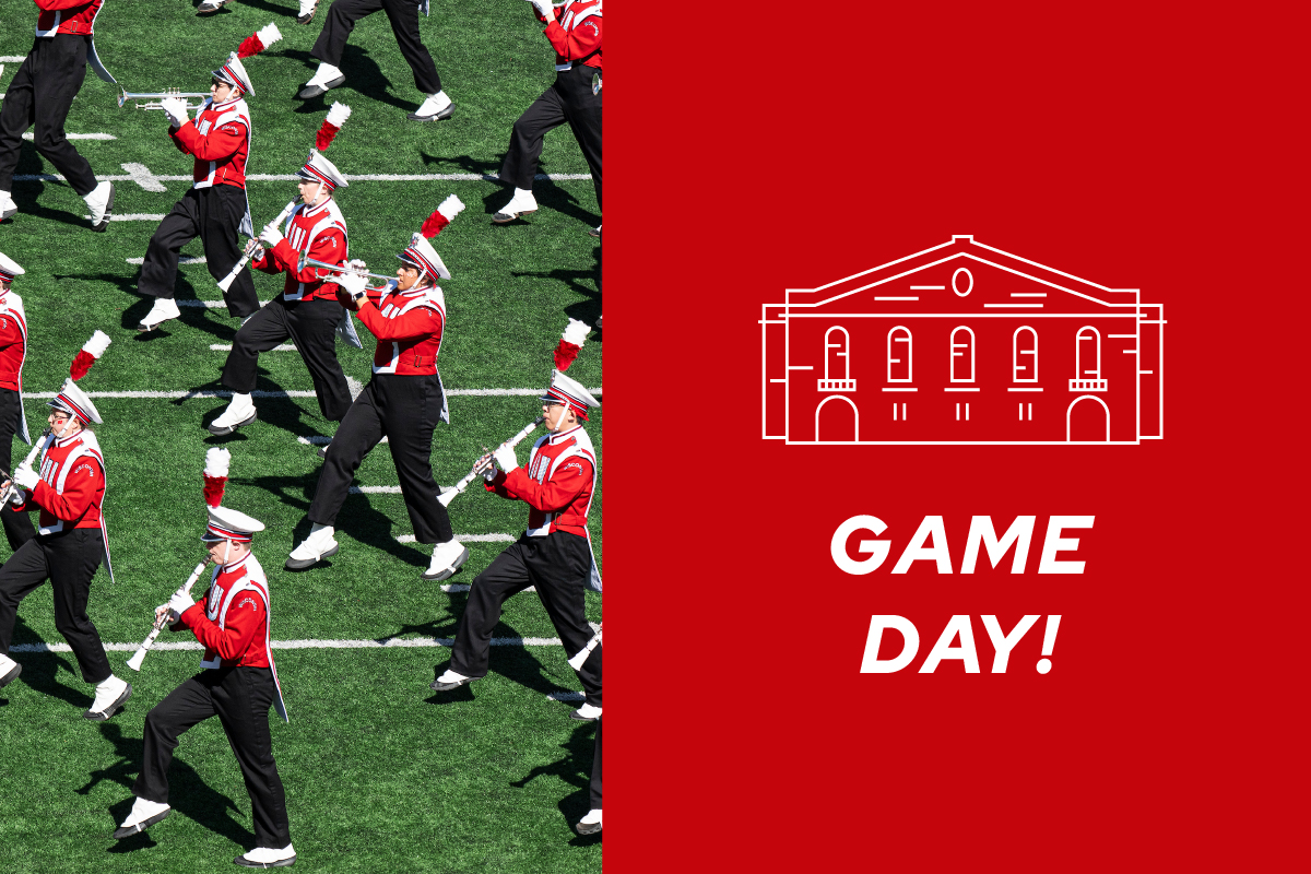 Photo of a marching band next to a graphic of a stadium with the text "Game Day!"
