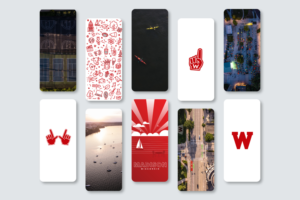 Variety of UW branded phone backgrounds on a gray background