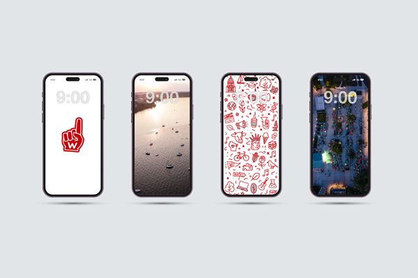 Mockups of mobile phones with UW branded backgrounds
